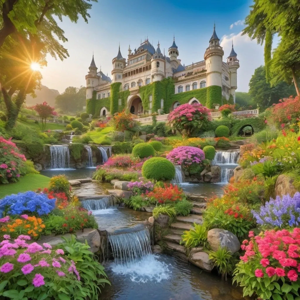 Prompt: beautiful palaces and castles in beautiful garden of colourful flowers, with creeks flowing,small water fall, beautiful morning sky,lush greenery