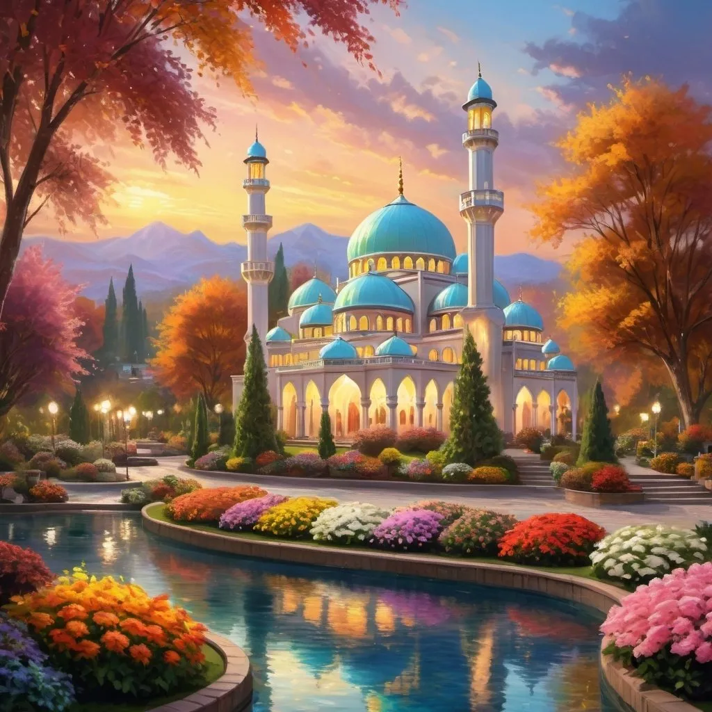 Prompt: autumn surrounding,beautiful colorful light up two big mosques with many white domes,lofty minarets,beautiful garden of colorful flowers,beautiful colorful light in garden,rivers,big waterfall,fountain,greenery, beautiful evening sky,gazebo,garden lantern,light up color light garden,realistic rendering,light up garden,monet style