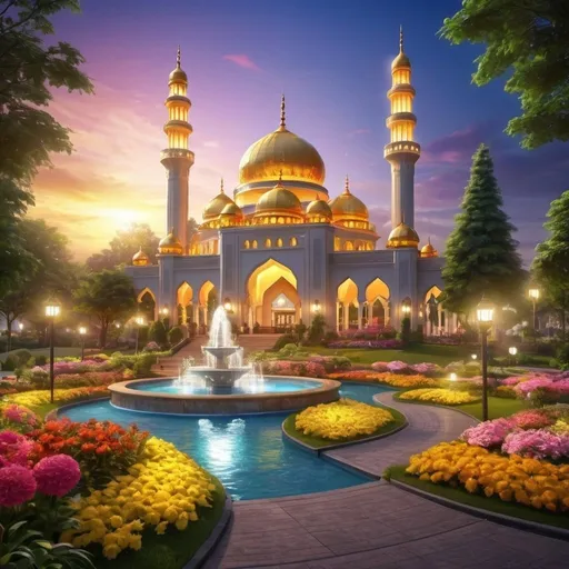 Prompt: beautiful colorful light up big mosque with many golden domes,beautiful garden of colorful flowers,beautiful colorful light in garden,creeks,big waterfall,fountain,greenery, beautiful evening sky,gazebo,garden lantern,light up color light garden,realistic rendering,light up garden