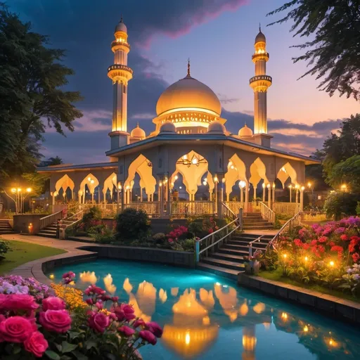 Prompt: beautiful light up multi storey mosque, with gazebos,floral gates, beautiful light up garden,colourful flowers,creeks,waterfall,beautiful evening sky