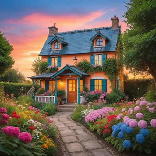 Prompt: a  beautiful colorful garden cottage with flowers in the evening beuatiful sky