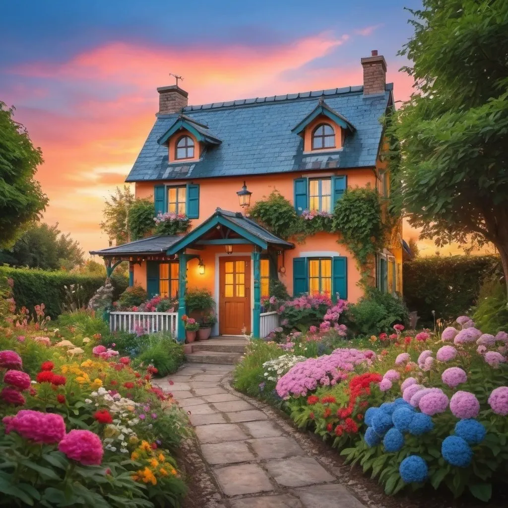 Prompt: a  beautiful colorful garden cottage with flowers in the evening beuatiful sky