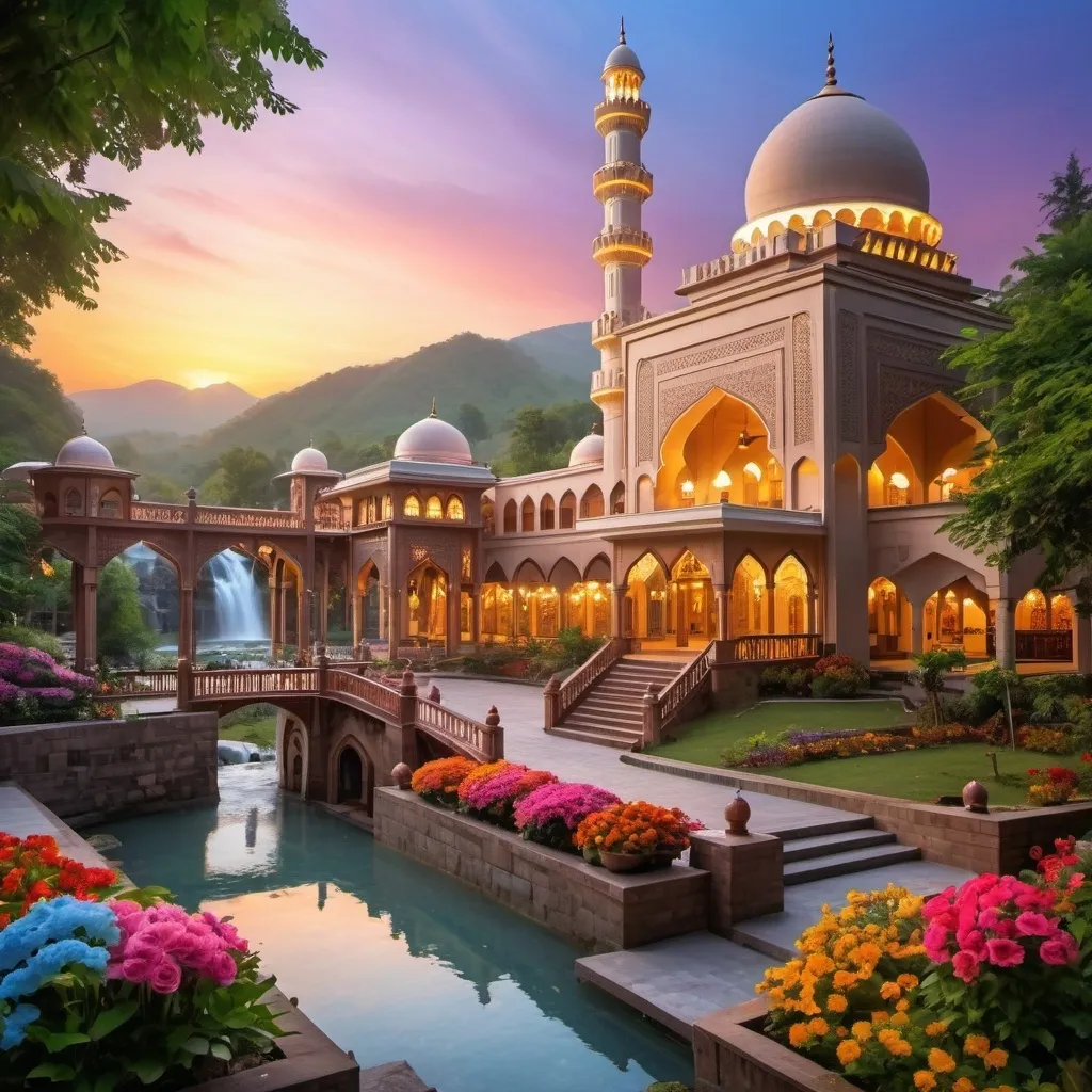 Prompt: beautiful light up multi storey mosque, with gazebos,floral gates, colorful flowers,beautiful light up garden,creeks,waterfall,hill,beautiful dawn sky