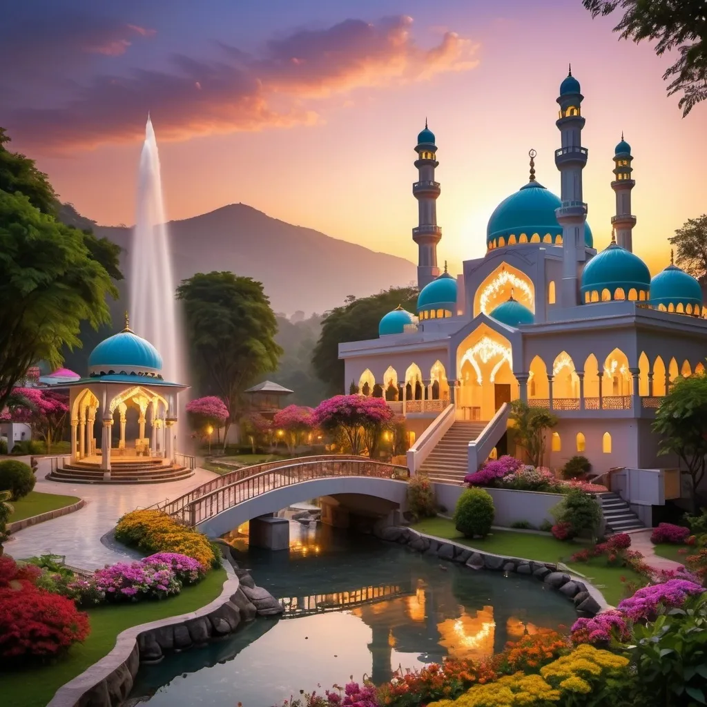 Prompt: beautiful light up multi storey mosque, with gazebos,floral gates, colorful flowers,beautiful light up garden,creeks,waterfall,hill,beautiful dawn sky