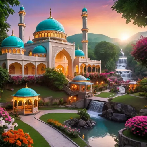 Prompt: beautiful light up multi storey mosque, with gazebos,floral gates, colorful flowers,beautiful light up garden,creeks,waterfall,hill,beautiful dawn sky