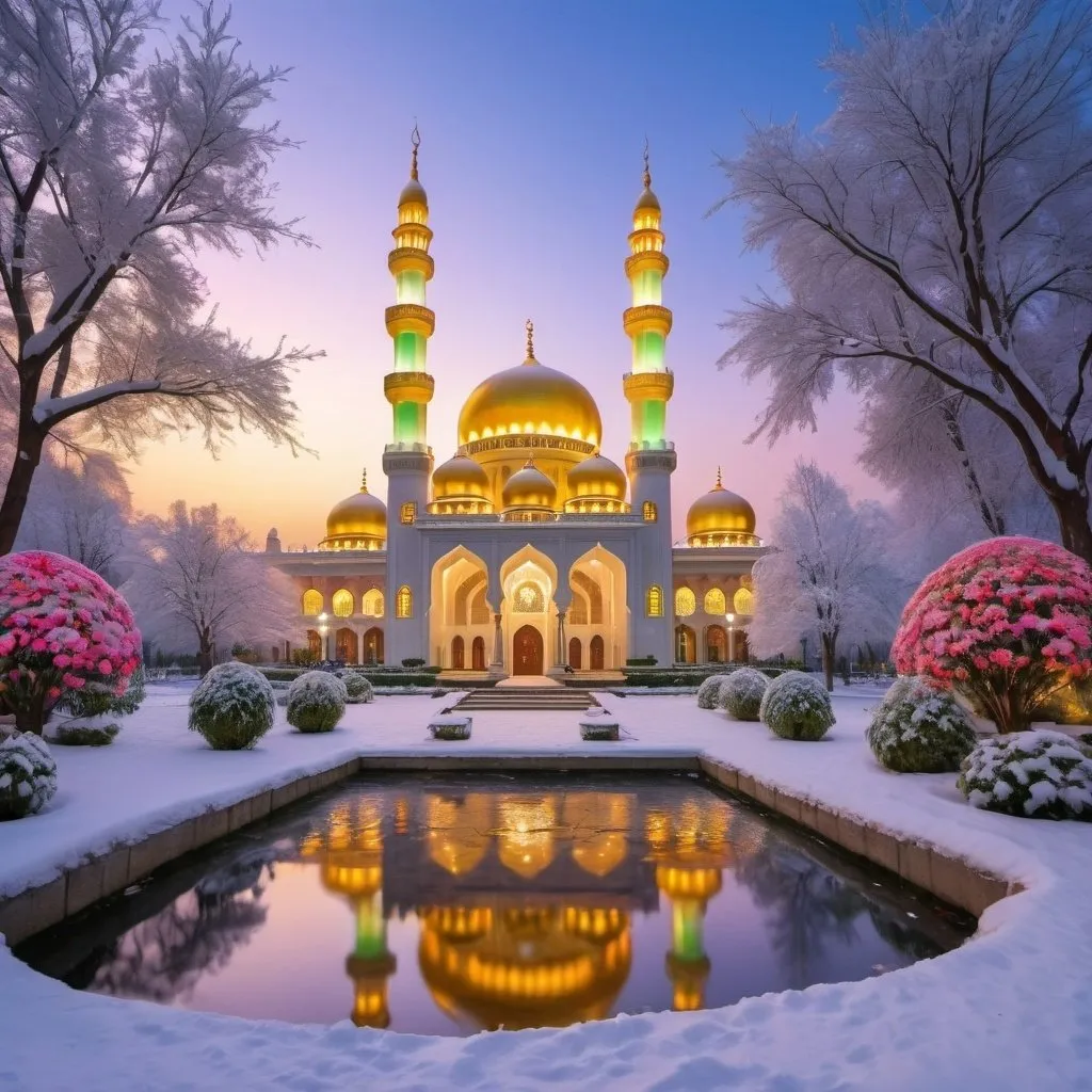 Prompt: snowy,winter,beautiful colorful light up snowy big mosque with many golden domes,beautiful snowy garden of colorful flowers,beautiful colorful light in garden,creeks,big waterfall,fountain,greenery, beautiful evening sky,gazebo,garden lantern,light up color light garden,snow surrounding,light up garden