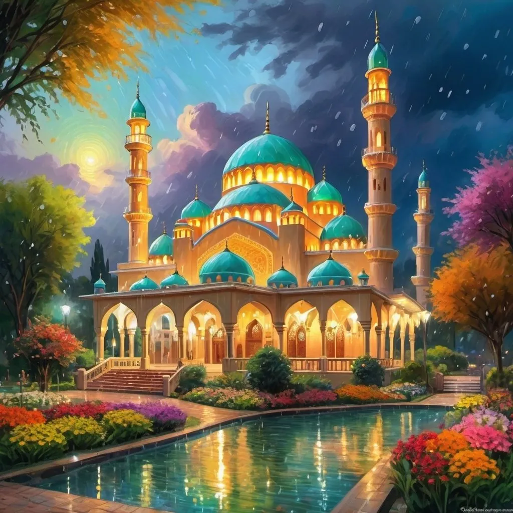 Prompt: heavy rain,beautiful colorful light up two big mosques with many colourful domes,lofty minarets,beautiful garden of colorful flowers,beautiful colorful light in garden,rivers,big waterfall,fountain,greenery, beautiful evening sky,gazebo,garden lantern,light up color light garden,realistic rendering,light up garden,van gogh style