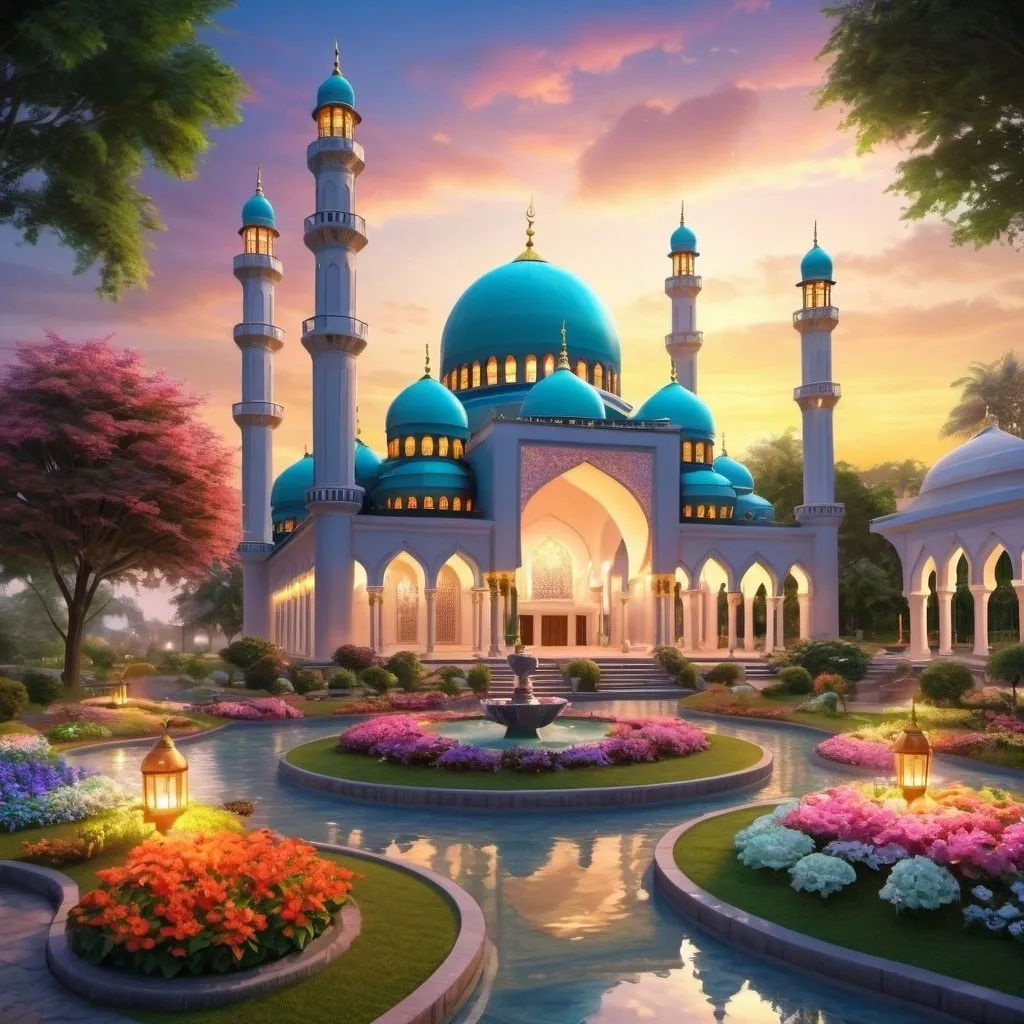 Prompt: beautiful colorful light up big mosque with many domes,beautiful garden of colorful flowers,beautiful colorful light in garden,creeks,big waterfall,fountain,greenery, beautiful dawn sky,gazebo,garden lantern,light up color light garden,realistic rendering,light up garden