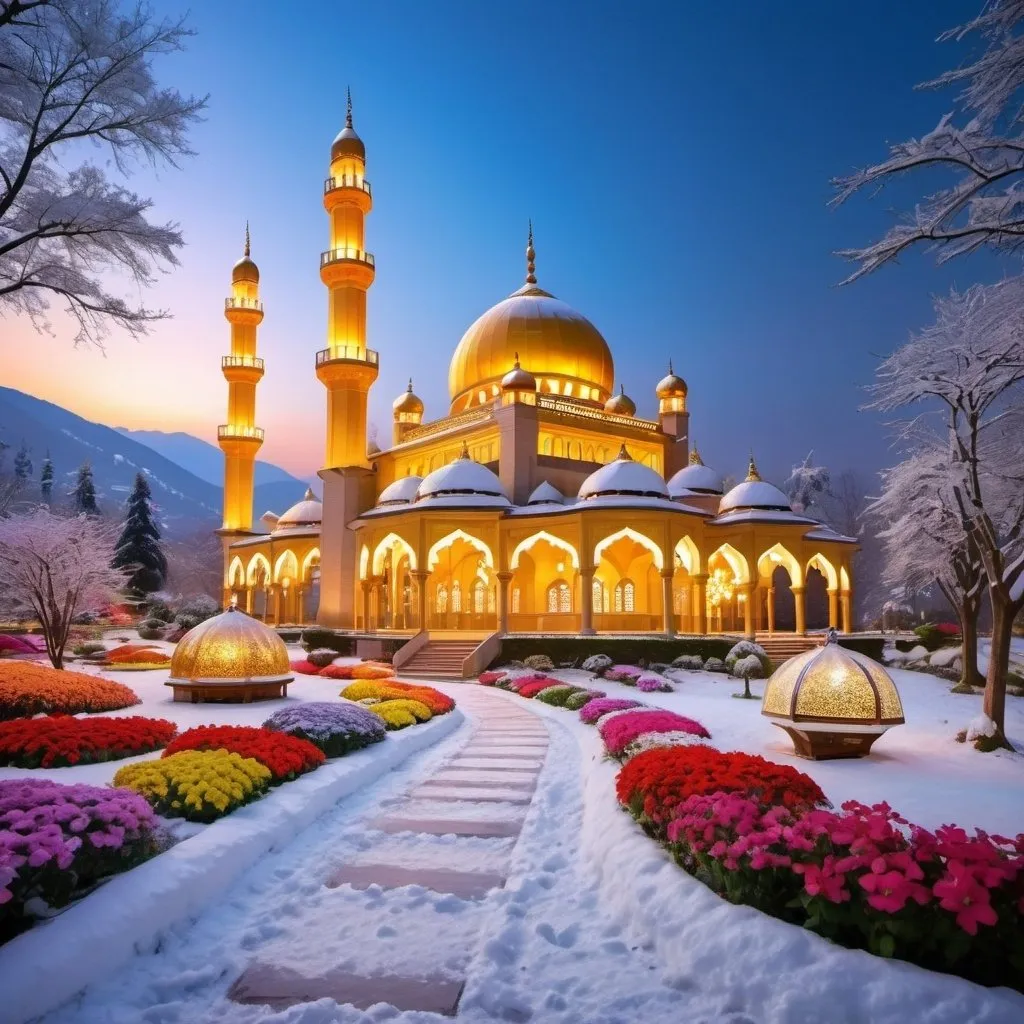 Prompt: snowy,winter,beautiful colorful light up snowy big mosque with many golden domes,on a hill top,beautiful snowy garden of colorful flowers,beautiful colorful light in garden,creeks,big waterfall,fountain,greenery, beautiful evening sky,gazebo,garden lantern,light up color light garden,snow surrounding,light up garden