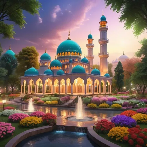 Prompt: heavy snow fall,beautiful colorful light up big mosque with many colourful domes,lofty minarets,beautiful garden of colorful flowers,beautiful colorful light in garden,rivers,big waterfall,fountain,greenery, beautiful evening sky,gazebo,garden lantern,light up color light garden,realistic rendering,light up garden
