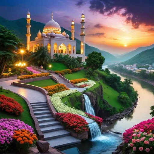 Prompt: light up beautiful mosque on top of hill,with beautiful garden of colourful flowers,greenery, rivers and water fall, in beautiful evening sky