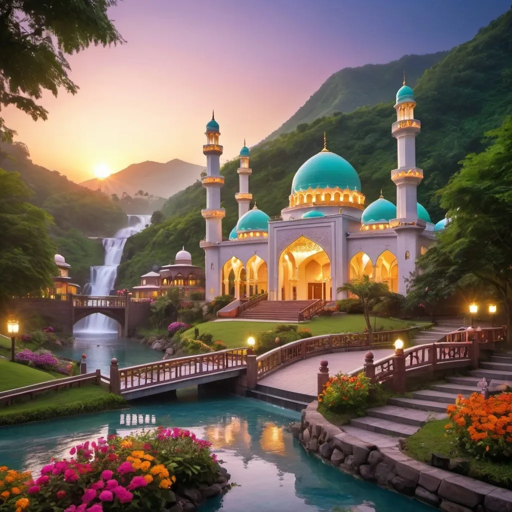 Prompt: beautiful light up multi storey mosque, with gazebos,floral gates, colorful flowers,beautiful light up garden,creeks,waterfall,hill,beautiful dawn sky