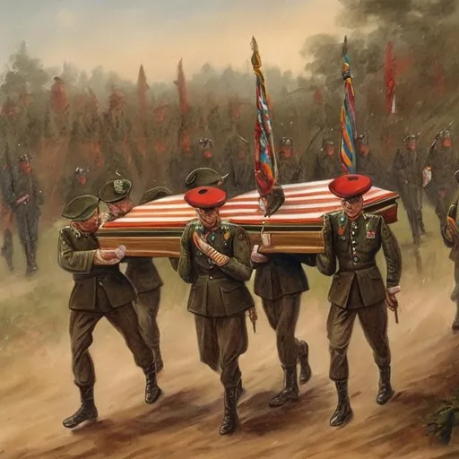 Prompt: a painting of 4 soldiers carrying a wooden coffin