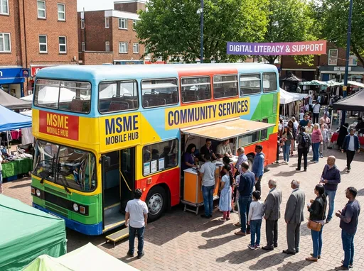 Prompt: an MSME Mobile Hub , serving the people in a community . the bus is parked and people are in line to excess the services.