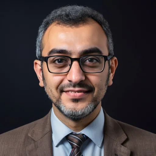 Prompt: a man wearing glasses and a tie is posing for a picture in a blurry photo with a black background, Ahmed Karahisari, academic art, professional photo, a colorized photo