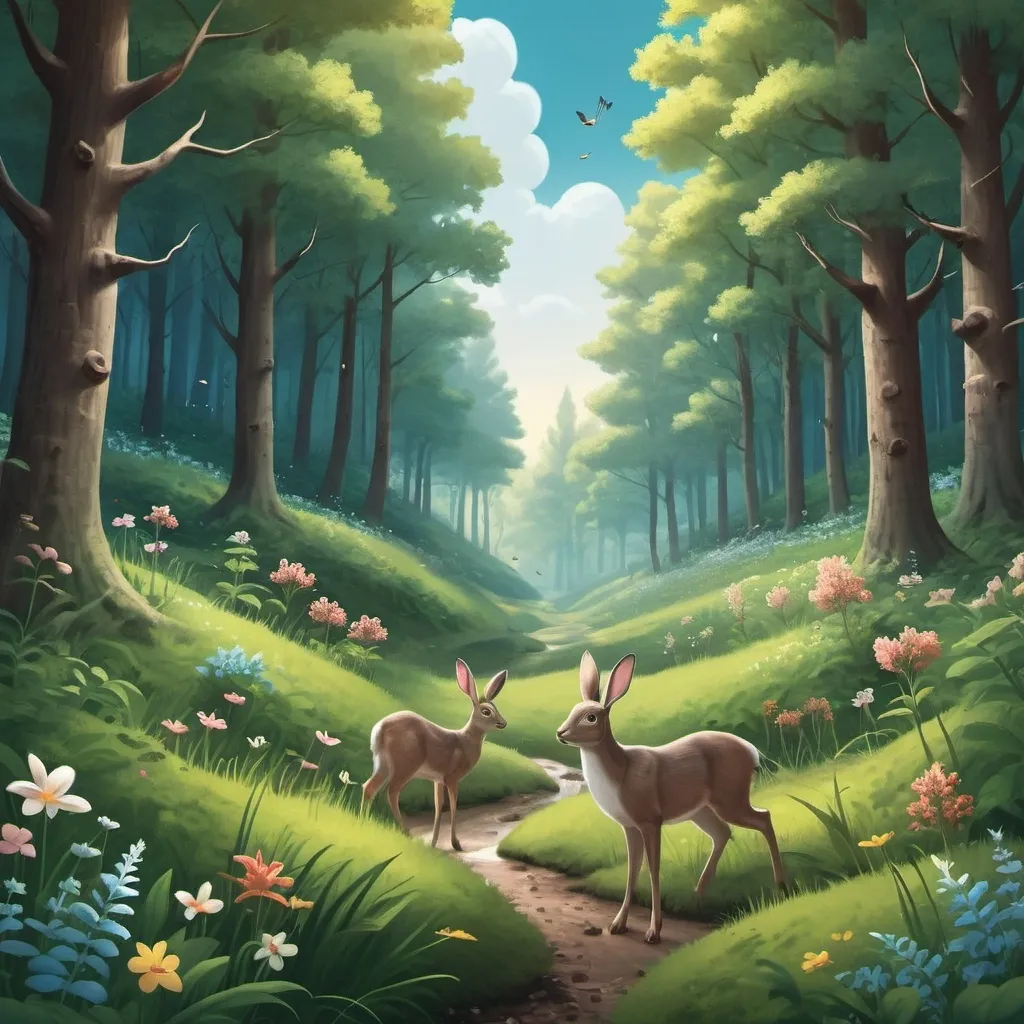 Prompt: Create a whimsical illustration of a dense forest in spring, filled with blooming flowers, tall trees, and playful animals like rabbits and deer, under a bright blue sky