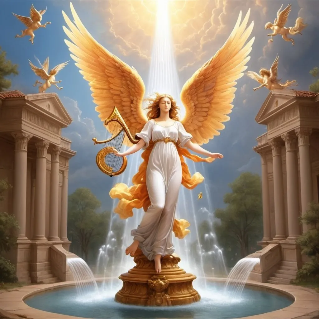 Prompt: Generate an image of heaven , The angel is playing the harp , Phoenix flying in the sky , The Pegasus is walking , A popping fountain