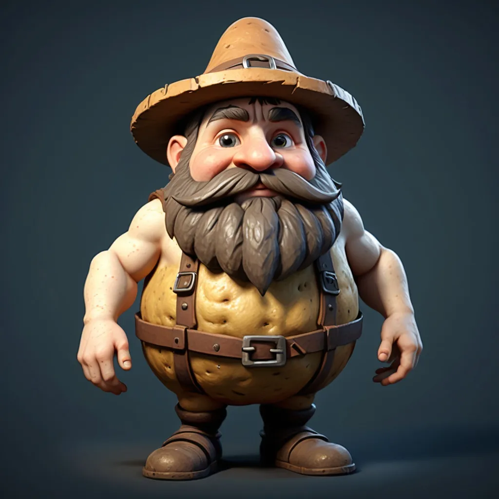 Prompt: Create a detailed 3D model of a small rotund dwarf-like character with a potato-textured body .Tha character should have a large, bushy mustache and be dressed in rustic, tattered clothing, including a floppy hat.Tha character should carry a small shovel and have leaves or plants growing from its body, suggesting a connection to nature .Tha scene should be set in a mystical forest with rich, earthy tones and soft, diffused lighting."