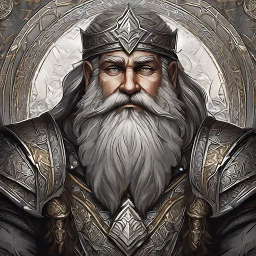 Prompt: Generate a characterful portrait of a grizzled dwarf with a weathered face, deep-set eyes, and a majestic silver beard that cascades down his chest. His eyes are keen, exuding wisdom and a hint of mischief. He's adorned in sturdy, intricately designed dwarven armor with ornate engravings. The background should depict a grand dwarven hall filled with magnificent stone columns, glittering gemstones, and glowing forges. The overall style should capture the strength and craftsmanship of the dwarf in the manner of Greg Rutkowski.
