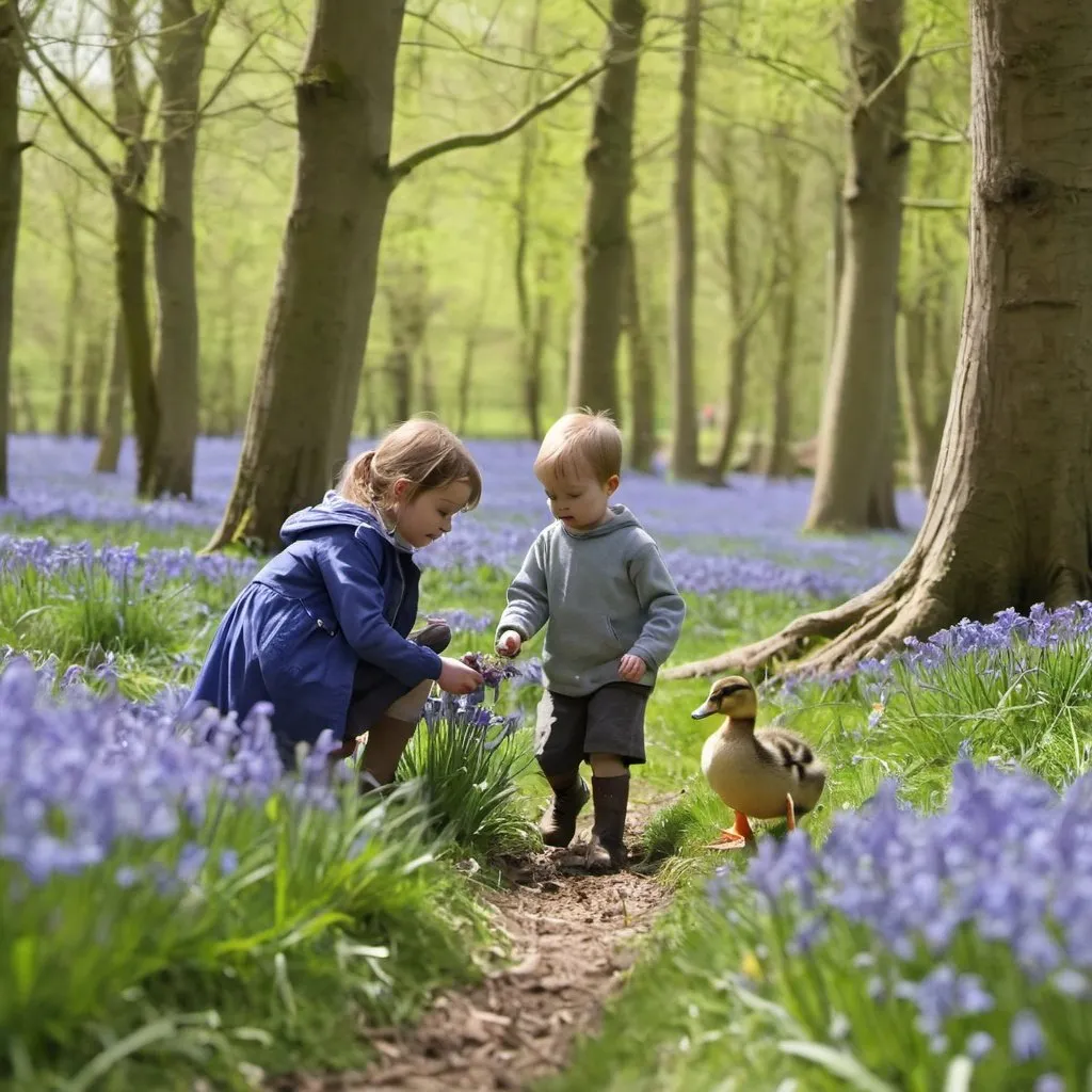 Prompt: A young boy and a girl, picking bluebells in a bluebells wood in Springtime. There's a spring running nearby with a baby duck family swimming, and primroses on the banks.