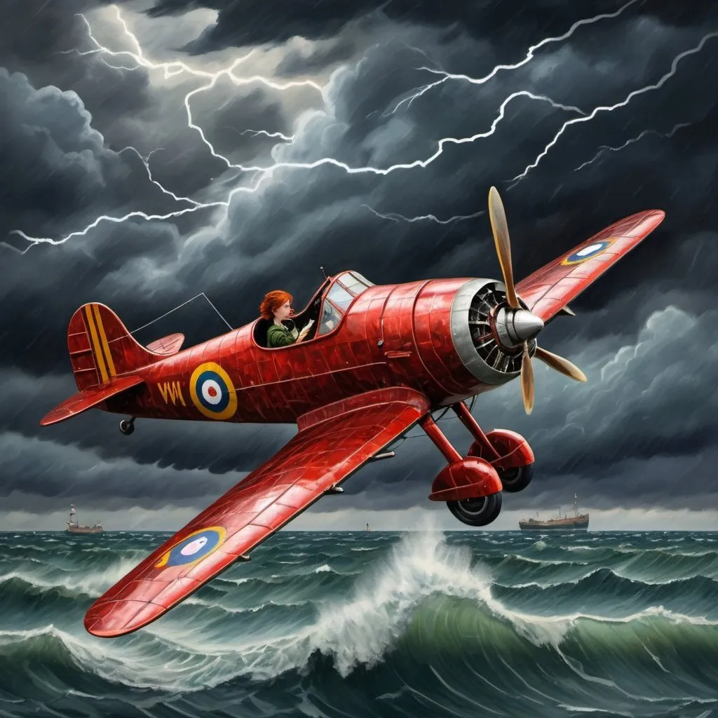 Prompt: A lady with short red hair flying a doodlebug plane over the English Channel on a stormy day with black clouds and lightning  during WW2 in a Van Gogh style