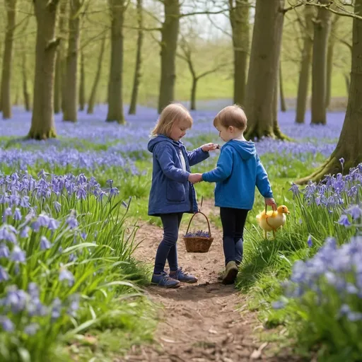 Prompt: A young boy and a girl, picking bluebells in a bluebells wood in Springtime. There's a spring running nearby with a baby duck family swimming, and primroses on the banks.