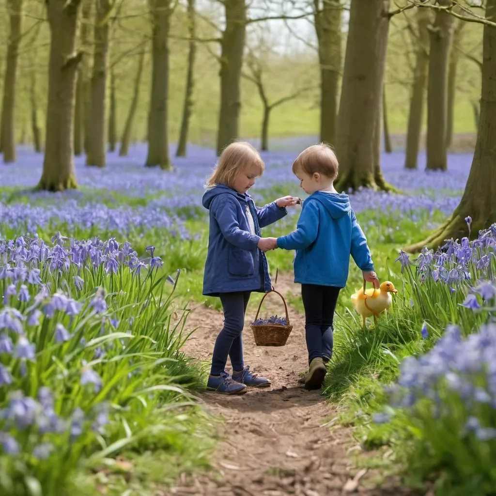 Prompt: A young boy and a girl, picking bluebells in a bluebells wood in Springtime. There's a spring running nearby with a baby duck family swimming, and primroses on the banks.