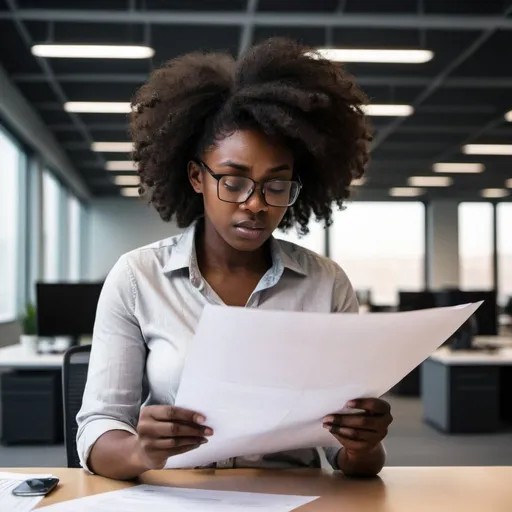 Prompt: software engineer dark skin woman reading a sheet of paper in a big office