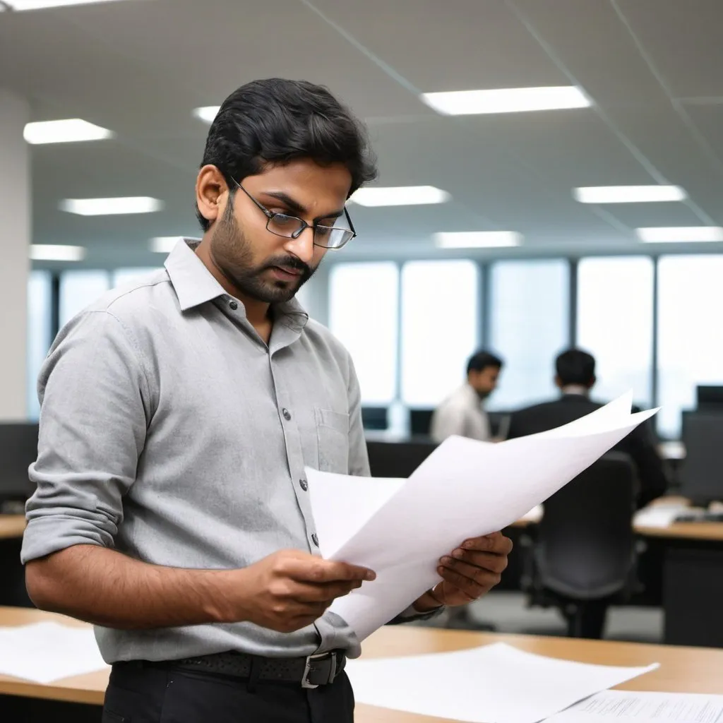 Prompt: indian software engineer reading a sheet of paper in a big office