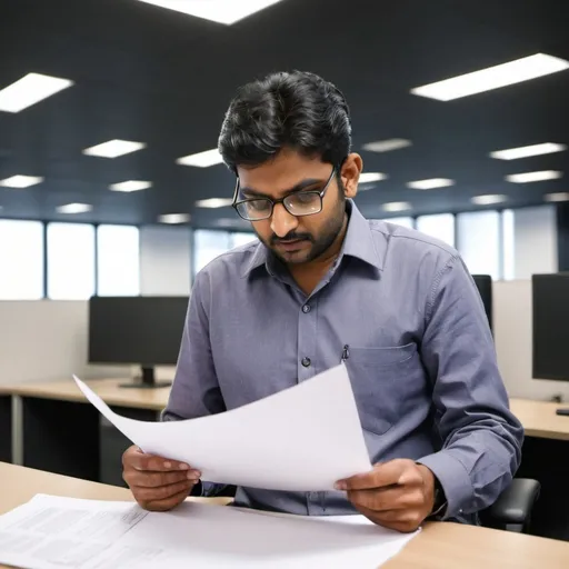 Prompt: indian software engineer reading a sheet of paper in a big office
