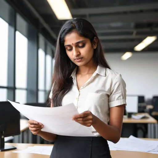 Prompt: indian software engineer woman reading a sheet of paper in a big office