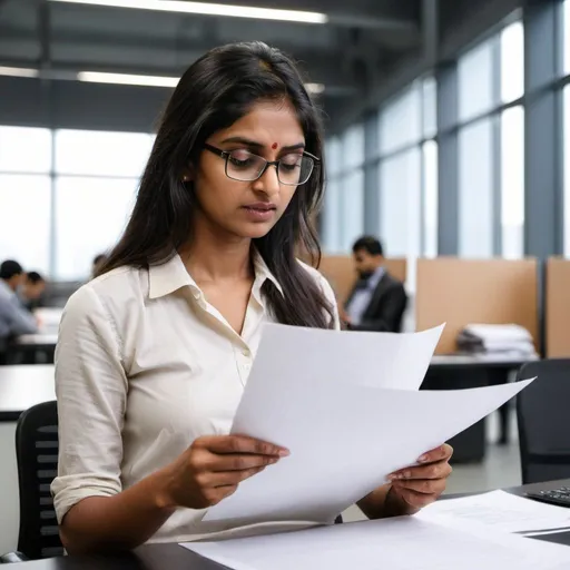 Prompt: indian software engineer woman reading a sheet of paper in a big office