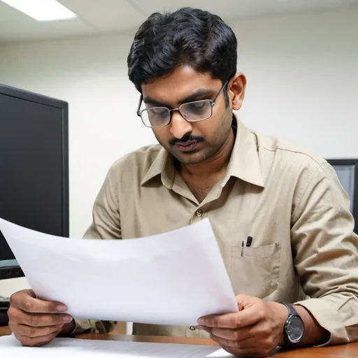 Prompt: indian software engineer  reading a sheet of paper