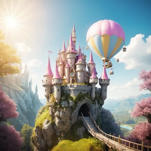 Prompt: flying castle in a fairyland with lots of light 