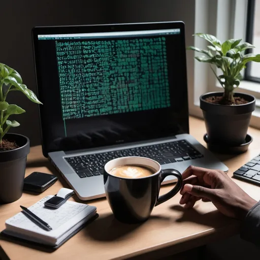 Prompt: computer screen displaying code , coffee mug, small flower pot, and dark person hands