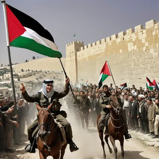 Prompt: Palestine won the war of Jerusalem, with flag of Palestine 