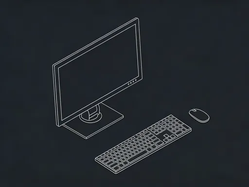 Prompt: A CAD drawing of a computer monitor, keyboard and mouse in isometric view