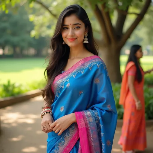 Prompt: Draped elegantly in a vibrant blue saree adorned with intricate patterns, a young woman stands confidently against a backdrop of lush greenery and a large tree, suggesting a pleasant outdoor setting. Her saree features a striking mix of colors, transitioning from deep blue to radiant pink, enhanced by a subtle sheen that catches the light. With long, flowing hair framing her face, she wears delicate earrings and her expression radiates warmth and poise, complemented by a soft orange lip hue. Nearby, another figure is subtly present, dressed in bright attire, hinting at a celebratory atmosphere. The scene is bathed in soft sunlight, creating an inviting and joyful ambiance, perfect for a festive gathering.