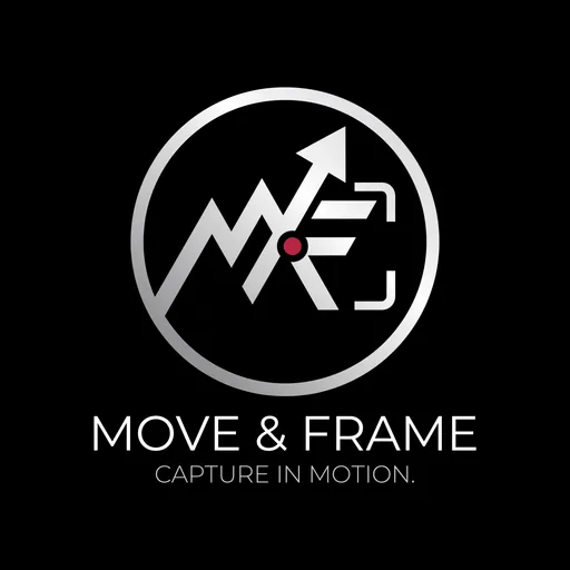 Prompt: Now I'll create a premium SVG logo for Move & Frame. Let me think about the design direction:

Apple/Tesla level = ultra-minimal, geometric precision, timeless
Black background works well (keep their existing dark aesthetic)
The concept: M and F merged cleverly, with motion + frame metaphors
Direction: Geometric minimalism with surgical precision
Key visual: An abstract "MF" monogram where the letters form a camera aperture / viewfinder / play button concept
Colors: Pure white/silver with a single crimson accent (keep their red)
Typography: Ultra-light, spaced lettering

Let me think of a truly creative concept:
Concept: The "M" shape is created by an upward trending arrow (motion/growth) while the "F" is formed by a camera/film frame bracket. The two merge into one geometric mark where negative space creates the letterforms.
Actually, let me think more boldly:
Premium concept: A single circular mark where the negative space creates an "M" meeting an "F" — like how Apple uses the bitten apple. Clean, geometric, memorable.
Or: A diagonal slash (like a film reel cut) with M on one side and F on the other, contained in a perfect square frame — very Kubrick/cinematic.
Let me go with: A geometric monogram in a circle (like BMW) where M and F are merged. Clean white on black. Ultra minimal. One red dot accent.
Actually for SVG, let me create something truly premium:
Final concept:

A perfect octagon or circle as the outer container (premium feel)
Inside: an abstract mark that merges an upward arrow (MOVE) with a viewfinder bracket (FRAME)
The letterforms are suggested, not literal
Platinum/white gradient on pure black
One tiny crimson accent
Below: "MOVE & FRAME" in ultra-wide tracking
Tagline in whisper-thin text

Let me design this in SVG. I'll create:

A perfect circle with thin stroke
Inside: geometric M shape (3 peaks) with an arrow integrated
F shape made from clean horizontal bars