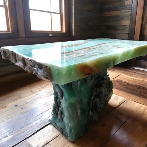 Prompt: Rustic table made with a slab of jade and from rough hewn logs with rusted iron banding in a white marble room
