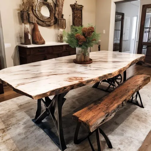 Prompt: Rustic table from rough hewn logs with rusted iron banding in a white marble room
