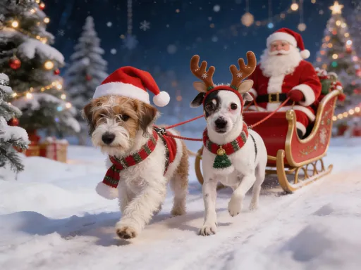 Prompt: Maak een afbeelding met twee kerst honden die de arreslee van kerstman trekken