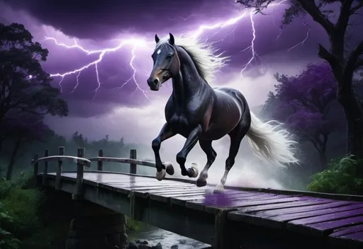 Prompt: fantasy style
a black horse with a white mane running over a wooden brigde
purple ightening