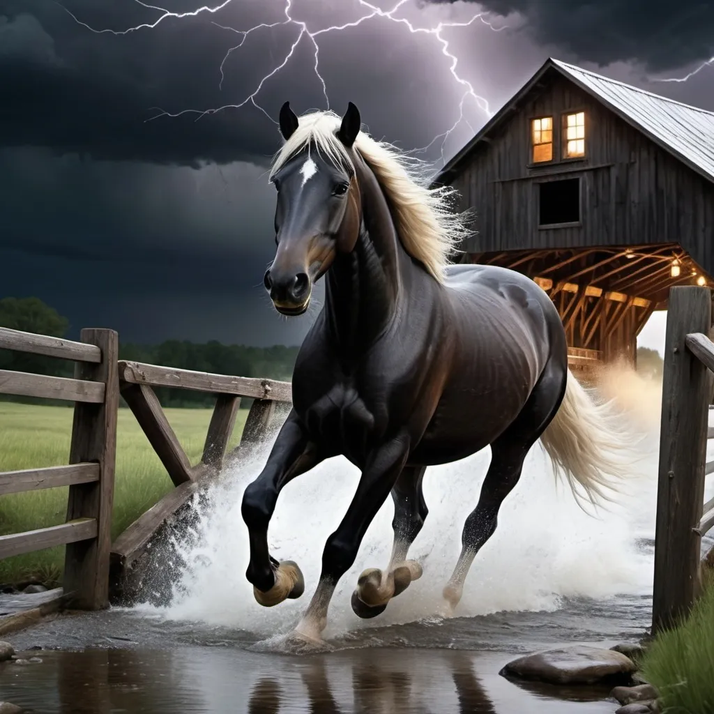 Prompt: a black horse with a white mane running from lightening into a barn
over a bridge spanning a rocky creek