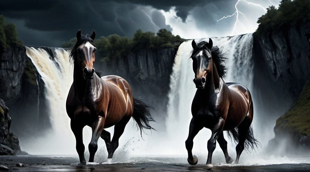 Prompt: a black horse and a  brown and white spotted horse running from lightening by a waterfall