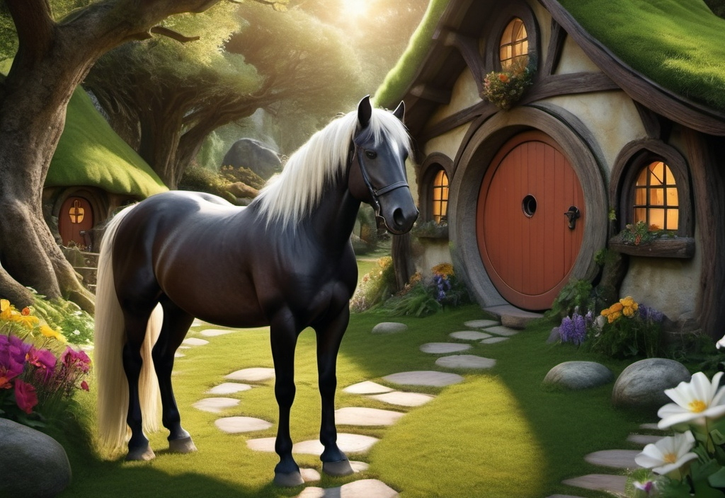 Prompt: fantasy style
a black horse with a white mane approaching a hobbit house