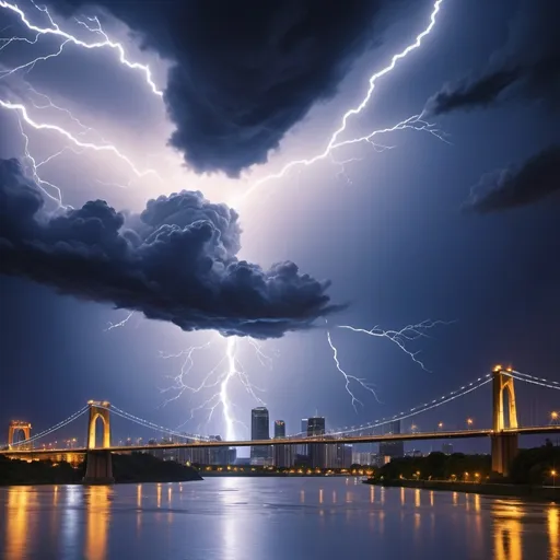 Prompt: lightening over a city
a suspension bridge spanning a river
silhouette of a tree in the foreground
