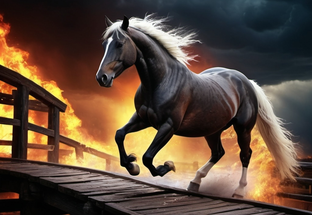 Prompt: a black horse with a white mane running from fire and lightening over a wooden bridge