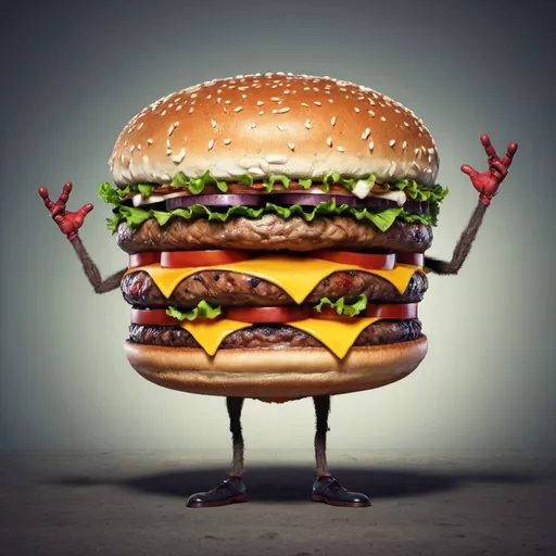 Prompt: An angry huge hamburger