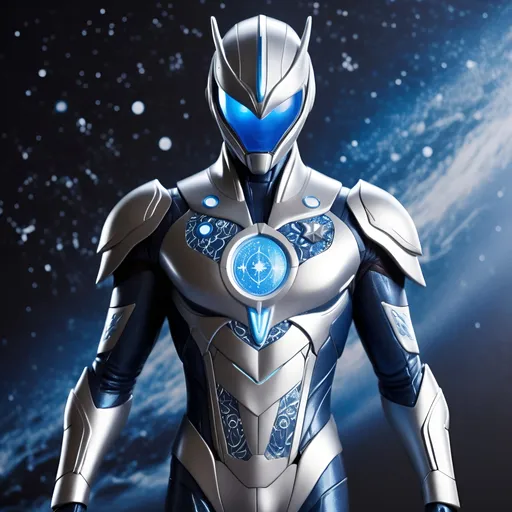 Prompt: Ultraman Galaxy has a sleek, futuristic design with a silver and blue color scheme. His suit features intricate patterns resembling constellations, symbolizing his connection to the galaxy. His chest emblem glows with a calming blue light, representing his peacemaking nature.